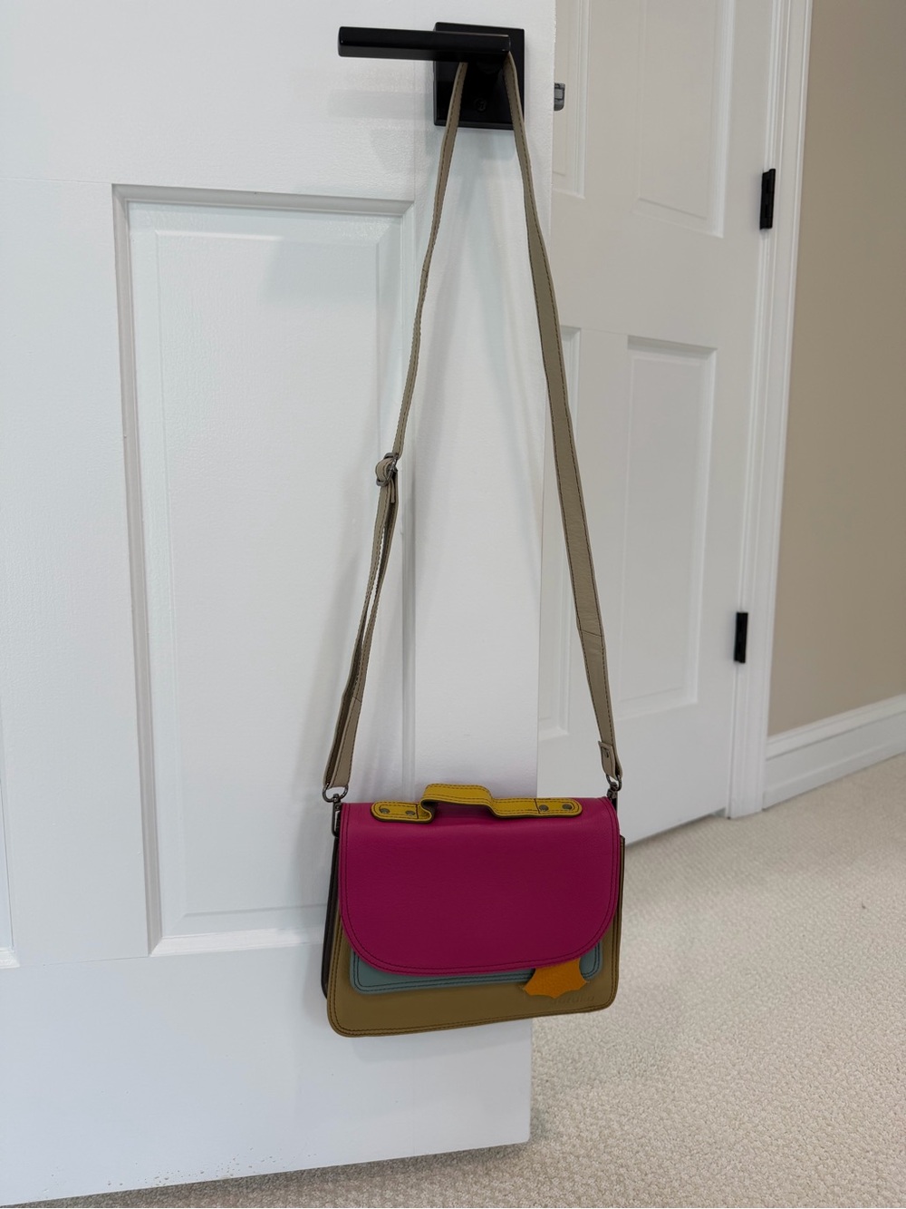 Multi-Color Leather Crossbody Bag - Pink & Tan